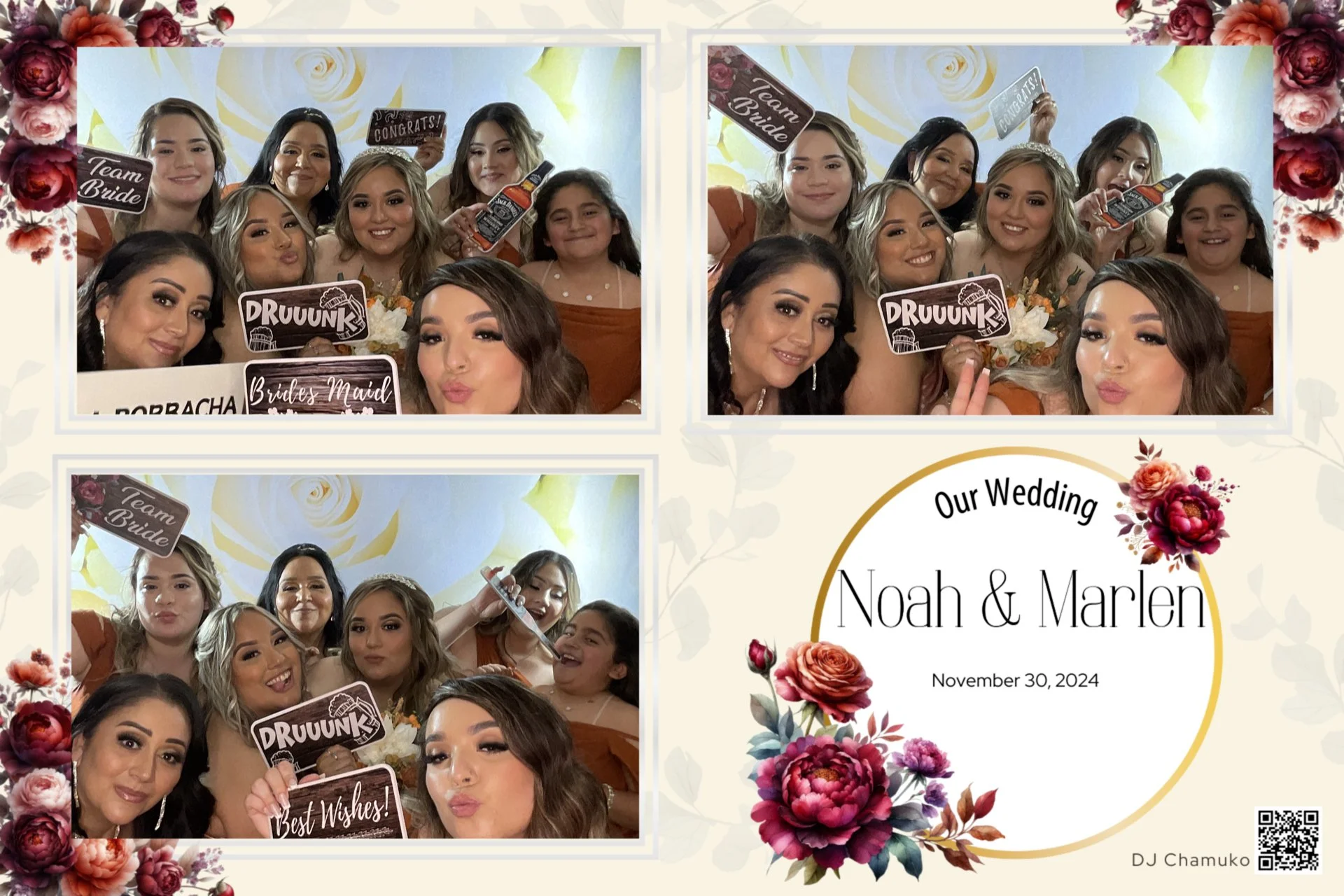 Group of women and a young girl celebrating at a wedding, holding signs that say 'Team Bride', 'Druunk', and 'Brides Maid', with some making playful expressions and holding props. The background has a floral theme with pink and red flowers, and there's a wedding welcome sign that reads 'Our Wedding Noah & Marlen, November 30, 2024'.