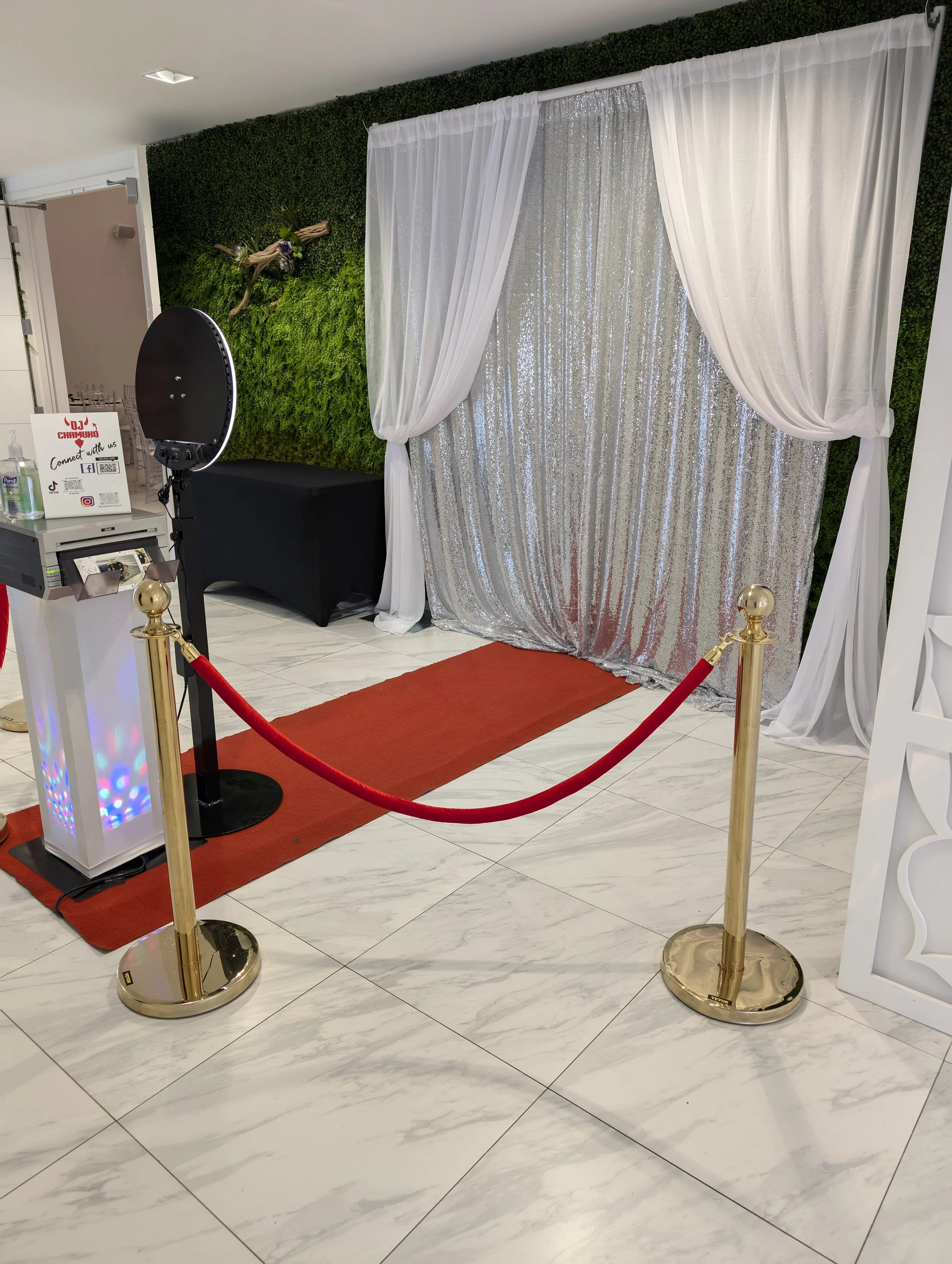 Red carpet with gold stanchions and red velvet rope in front of a decorative silver and white curtain backdrop, with a green wall with mounted decorations to the left.