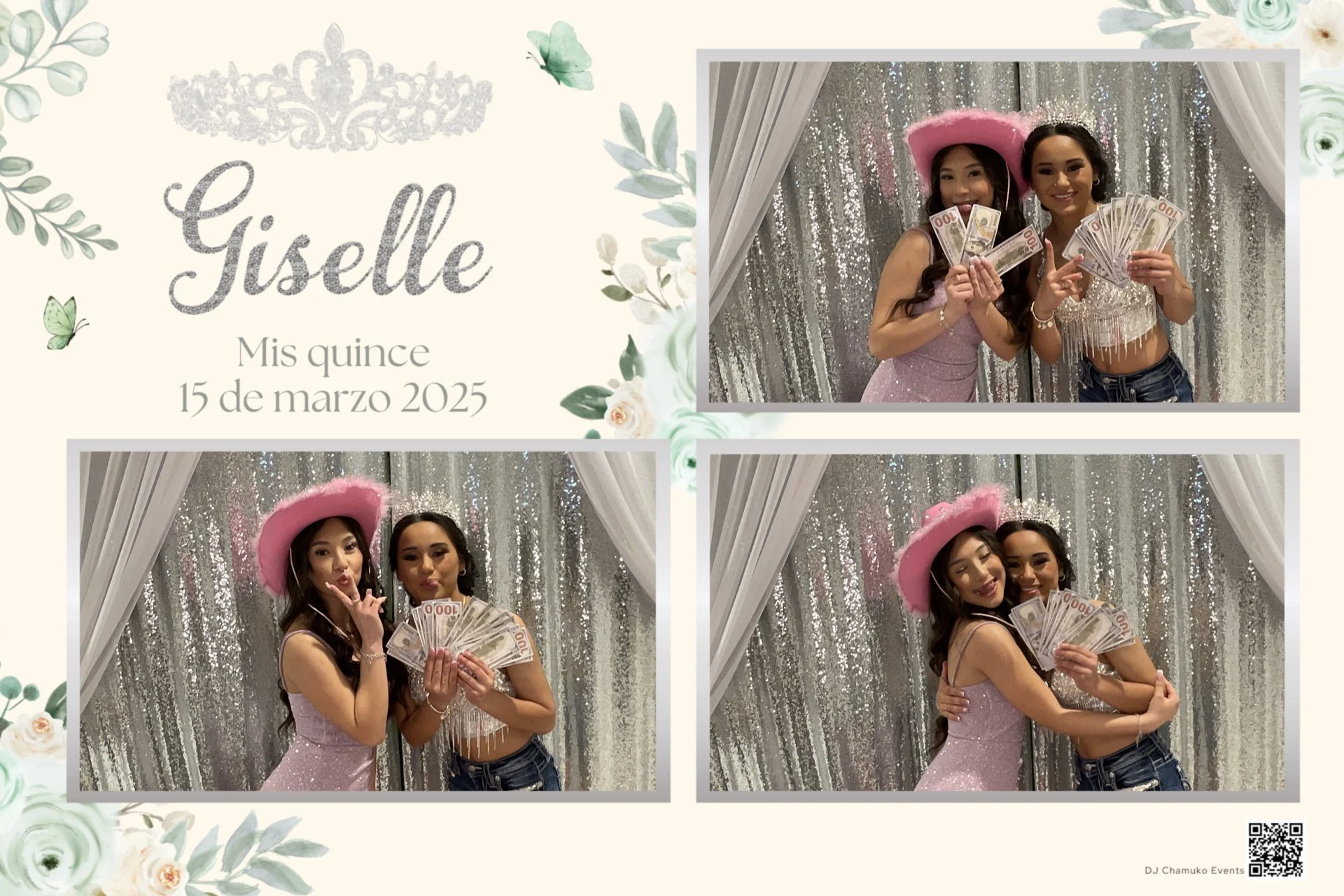 A photo collage with three pictures of two women celebrating a birthday. The background has silver glitter curtains and white drapes. The women are holding fans of cash and smiling. One woman is wearing a pink cowboy hat, a pink glittery dress, and the other a silver tiara and a white beaded top. The collage includes a decorative text section with the name "Giselle" and the date "March 15, 2025" in Spanish.