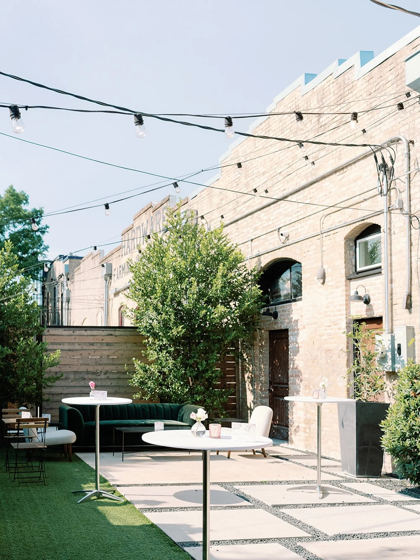 A courtyard made for mingling, toasting, and celebrating. 

coordinator @weddingdaygirl 
catering @lilygracecatering 
bar @lonestardrafts 
photography @sarahtribettphoto 
florist @forsythiaflorals 
cake @feathers.and.frosting 
rentals @beelavishvinta