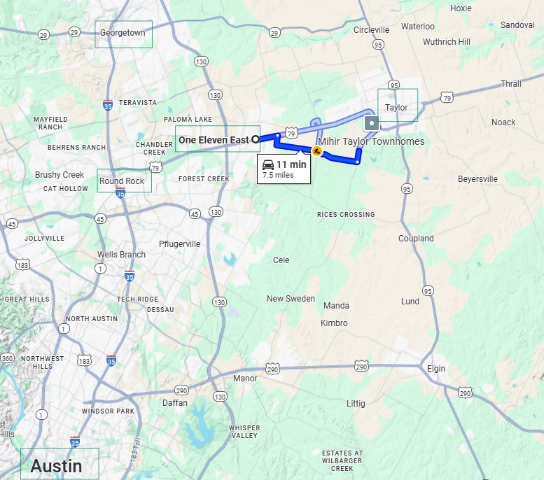 Map showing a route from one location to another near Taylor, Texas, with a drive time of 11 minutes over 7.5 miles.