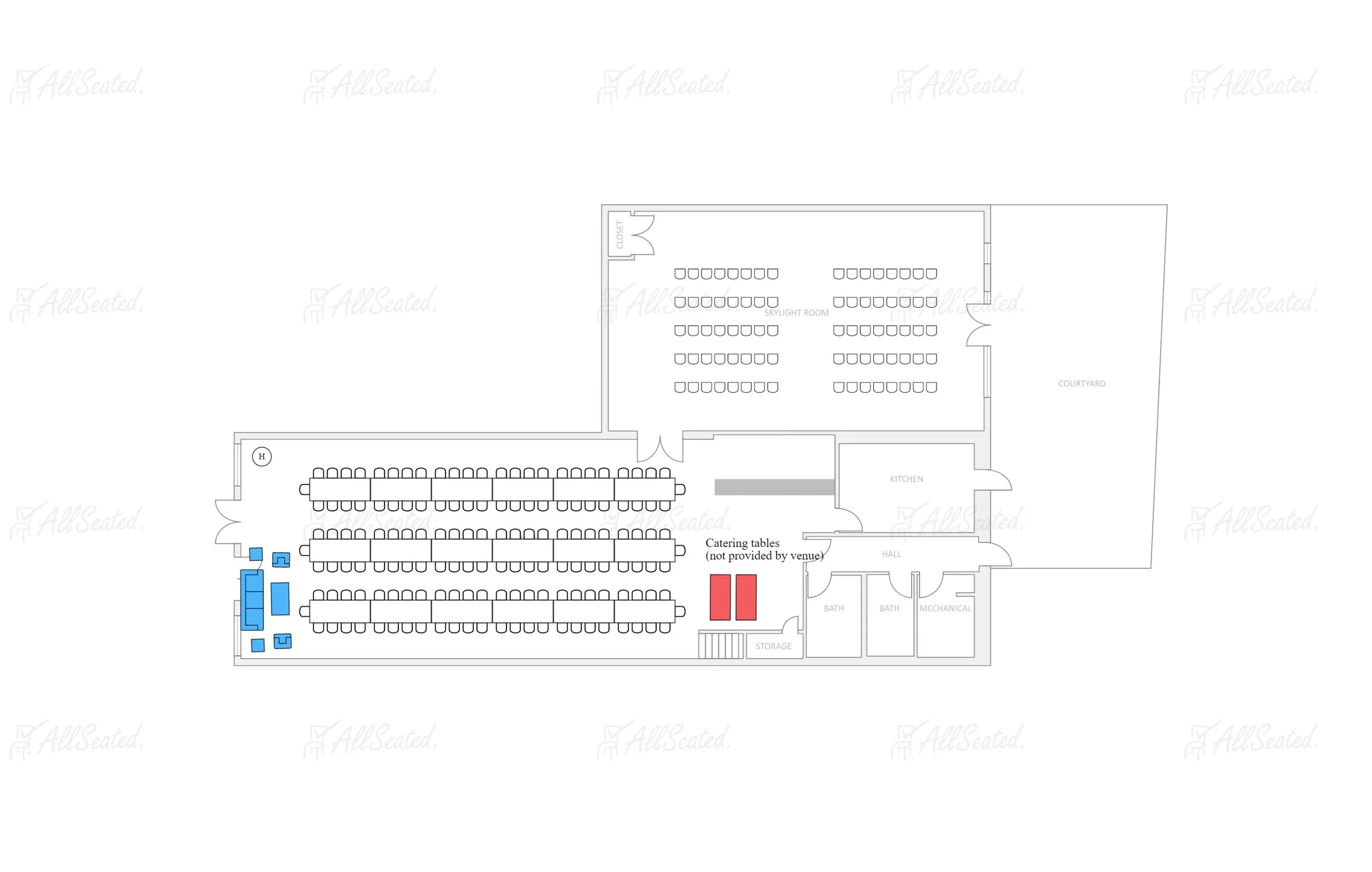 Floor plan of an event venue showing seating areas, catering tables, restrooms, kitchen, storage, mechanical room, hallway, courtyard, and skylight room.