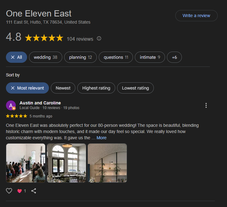 Screenshot of a Yelp listing for One Eleven East, a venue in Hutto, TX, with a 4.8-star rating based on 104 reviews, showing photos of the interior with guests and decor.