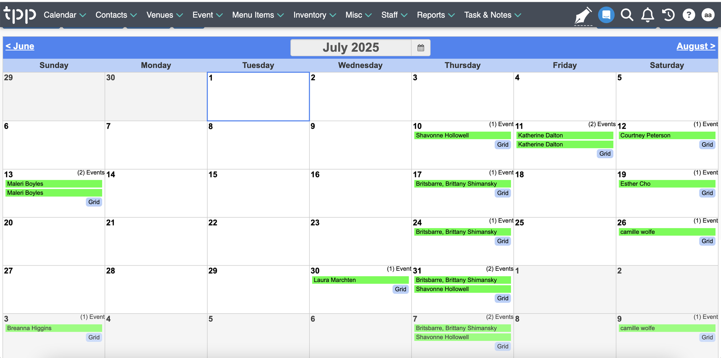 A digital calendar for July 2025 showing scheduled events and grid layout with dates marked. Some dates have multiple events highlighted in green, such as Maleri Boyles, Shayonne Hollowell, Katherine Dalton, Ester Cho, Camile Wolfe, Laura Marchten, Breanna Higgins, and Brittsbare, Brittany Shimansky. The calendar includes navigation options, menu bars, and icons at the top.