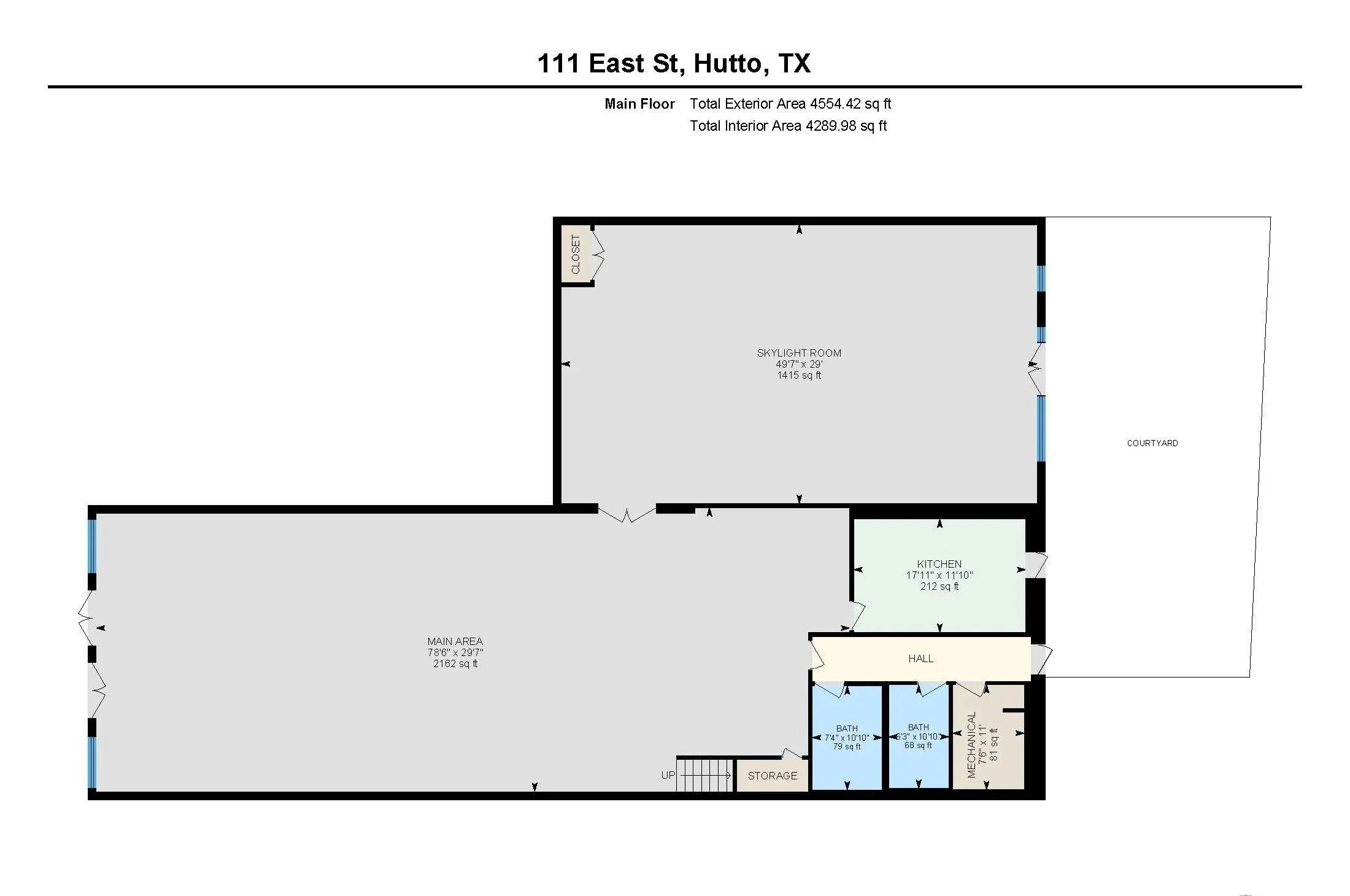 Floor plan of a house at 111 East St, Hutto, TX, showing a main area, skylight room, kitchen, hall, two bathrooms, mechanical room, storage, and courtyard.