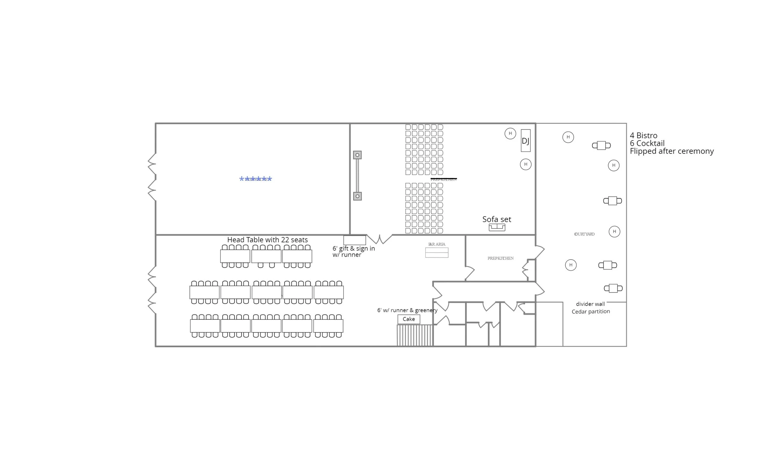 Floor plan of a venue with seating arrangements, stage, bar, prep kitchen, outdoor area, and various labeled sections.