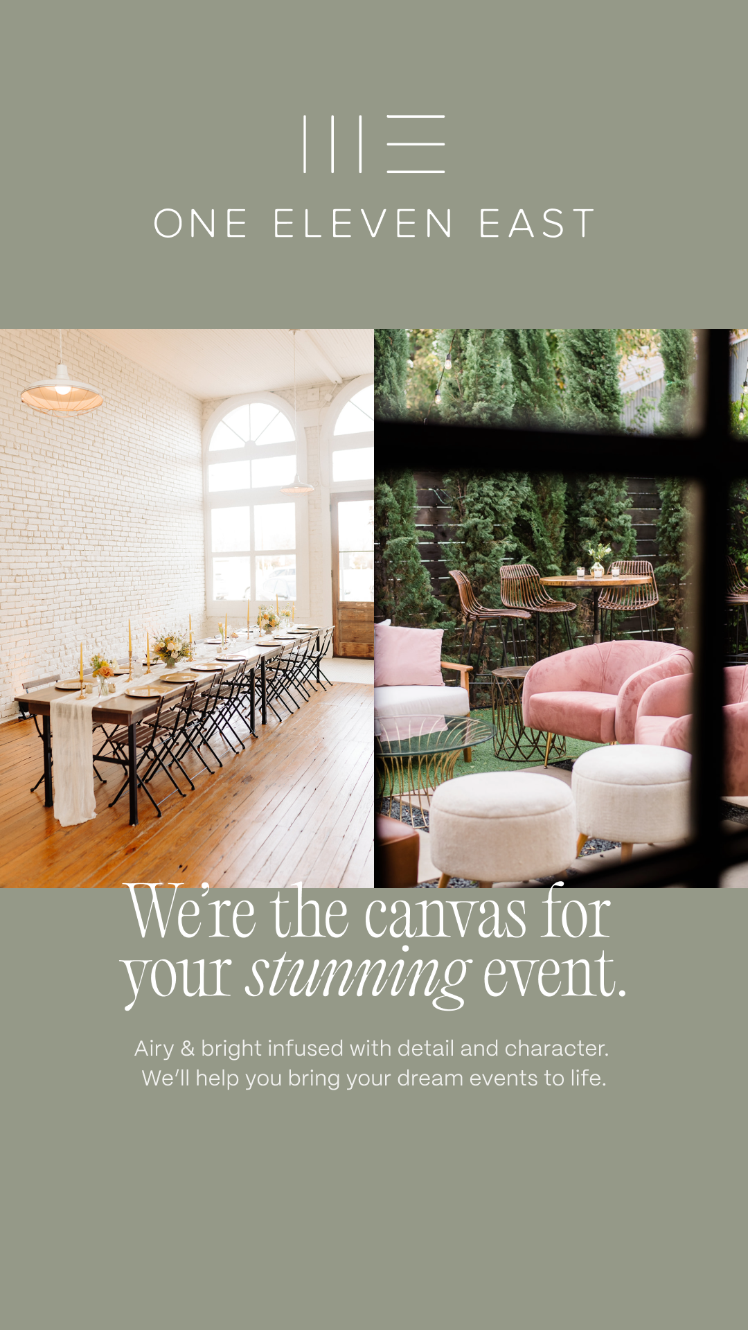 Interior of a decorated dining space with white brick walls, large windows, and a wooden table set for a gathering, adjacent to a cozy outdoor seating area with pink and beige sofas and chairs surrounded by greenery.
