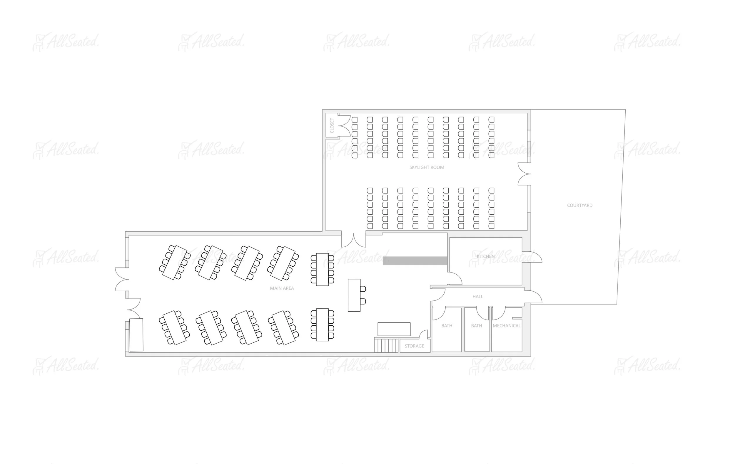 Floor plan of a building with a main dining area, kitchen, storage, restrooms, mechanical room, hall, skylight room, courtyard, and closets.