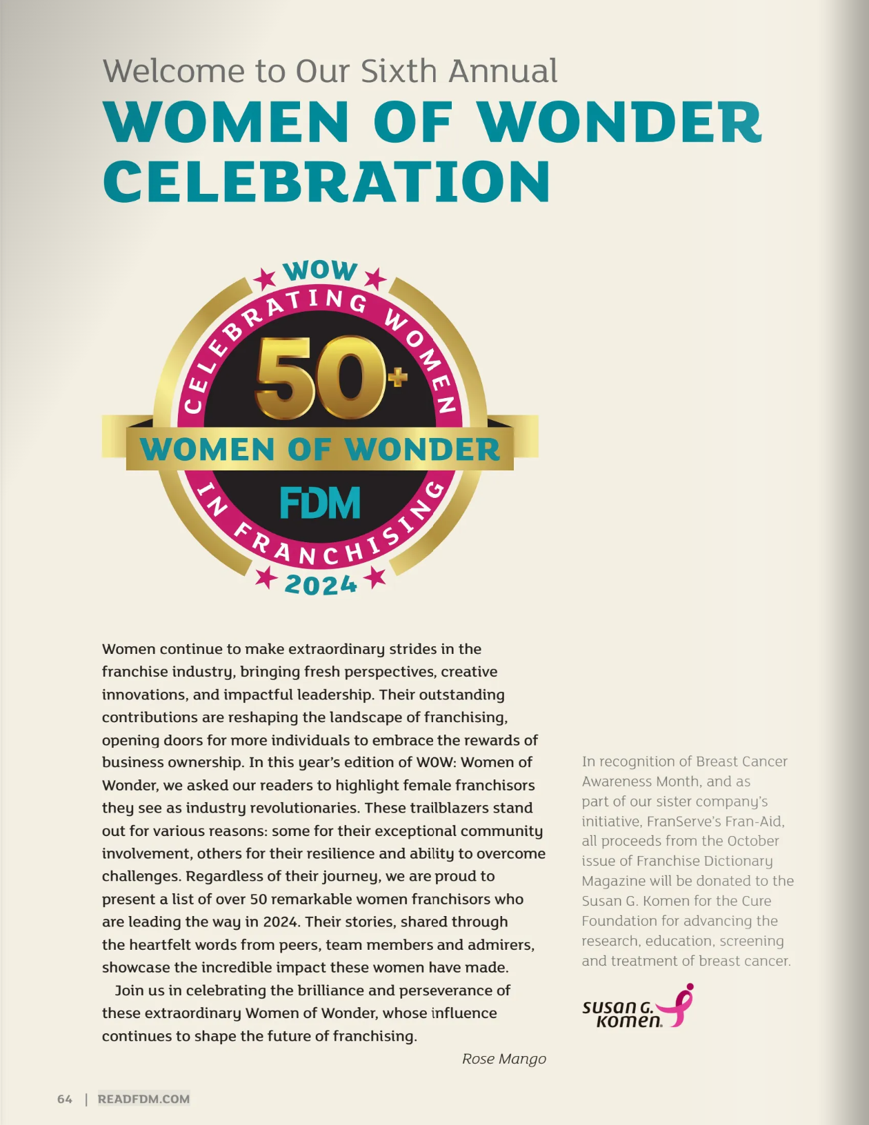 Founder Named Top 50 Woman of Wonder in Franchising