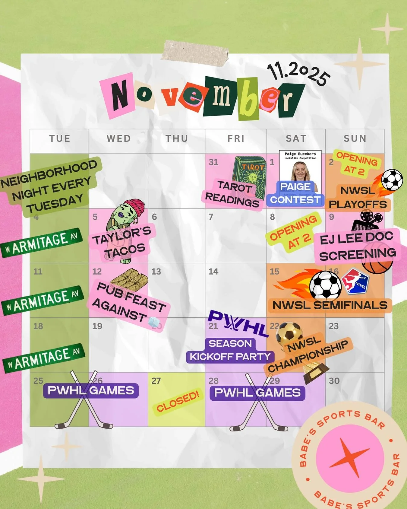 we have some fun things on deck for november! text the group chat or make plans to come alone, you have plenty of options to hang at babe’s:
🔮 we’ll be in the spooky spirit for halloween with a special witches brew drink and tarot by @r