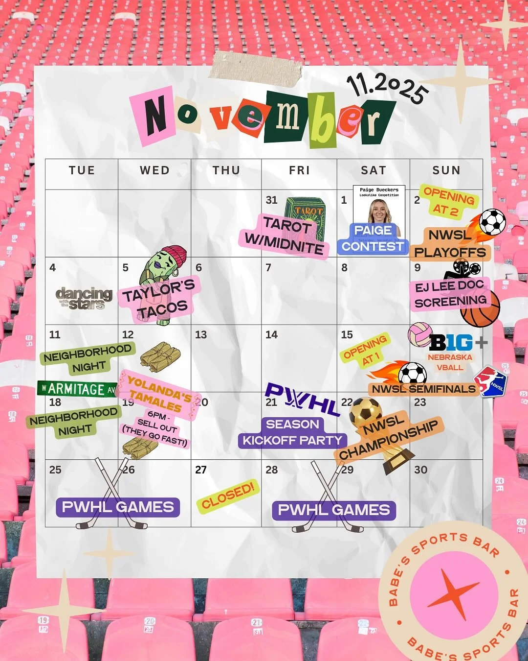 a few updates to our November calendar and some more info about upcoming events at Babe&rsquo;s!

⚽️ NWSL friends ! we won&rsquo;t be able to show this Saturdays semifinal match unfortunately, we are hosting a private training for a local mutual aid 