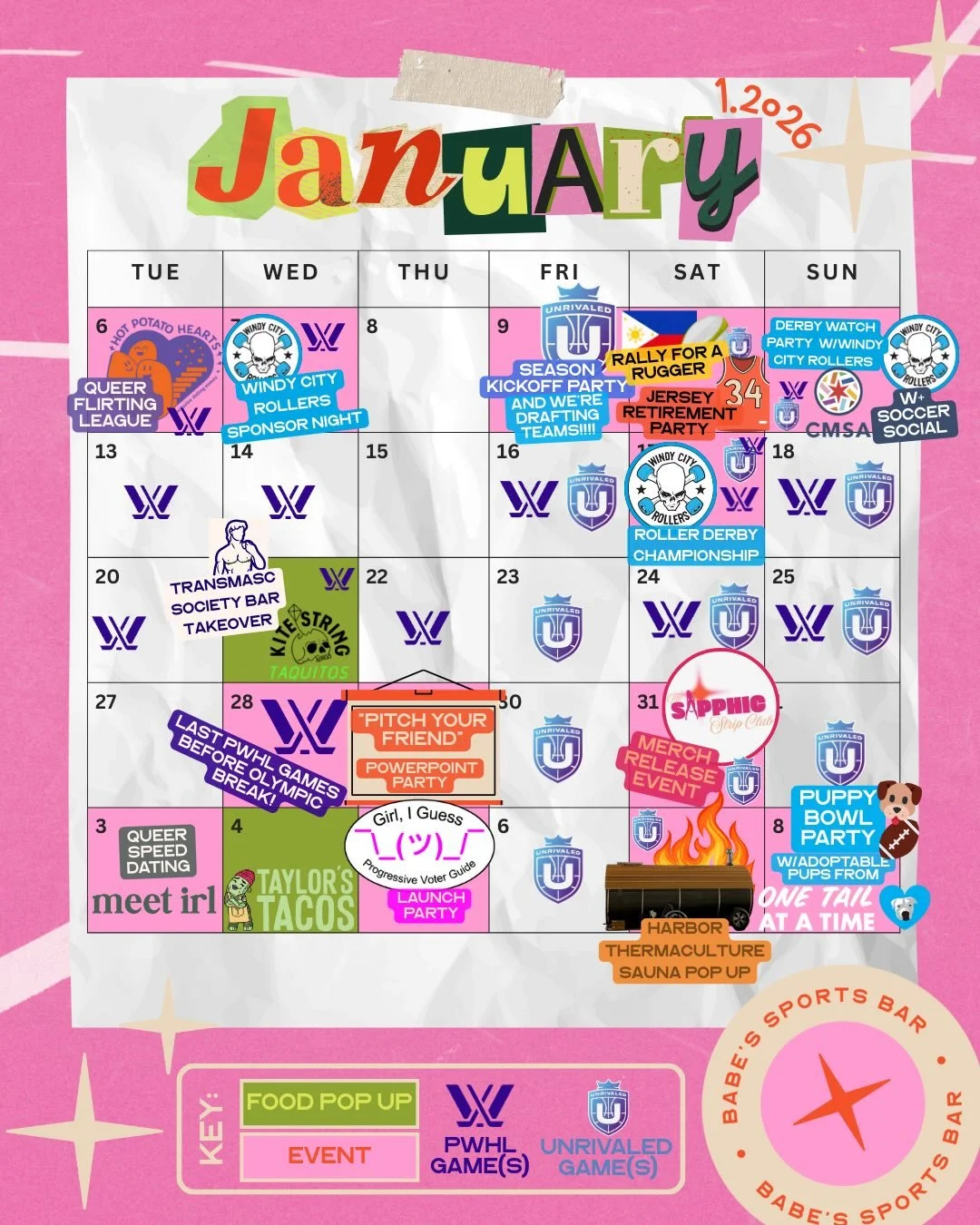 new year&rsquo;s resolution: spend more time at babe&rsquo;s [with our updated calendar!!]

check out our january events (and get a sneak peek of the first week of February 💖) and start making your plans to be here - we have a lot of good things goi