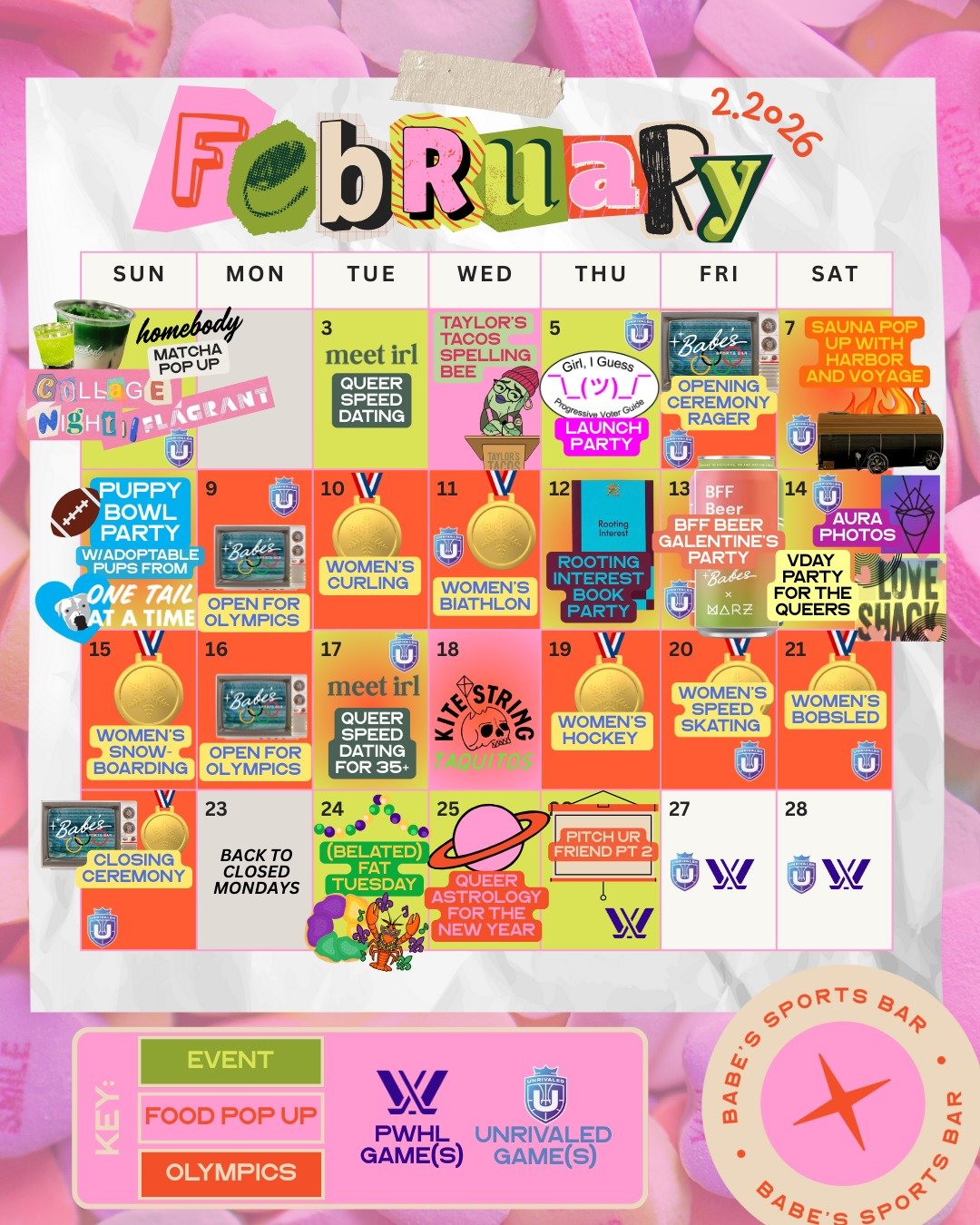 February at Babe&rsquo;s means &hellip;

🥇 WINTER OLYMPICS TAKE THE MAIN STAGE!! detailed calendar coming soon, be ready for us to open both Mondays and early for big events (just take off work on Thursday the 19th now, you&rsquo;re gonna want to be