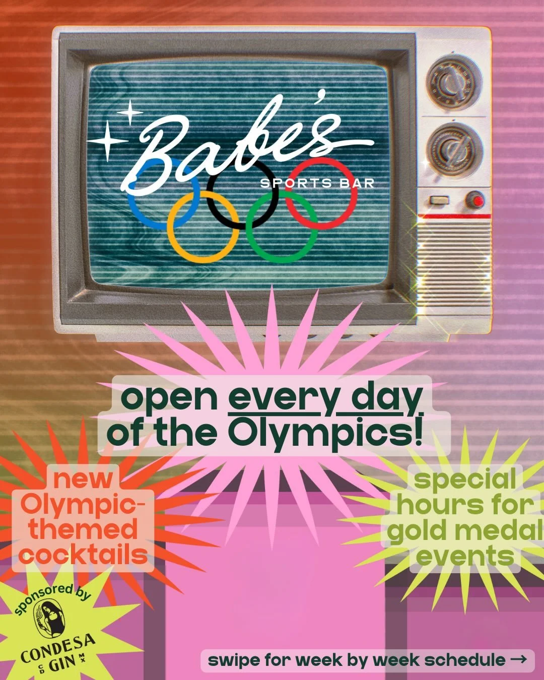 are you ready for this takeover?? we&rsquo;re going all in on the winter games at Babe&rsquo;s with help from our friends at @condesagin - expect a full menu overhaul with themed drinks for the big events, expanded hours to catch as many gold medals 