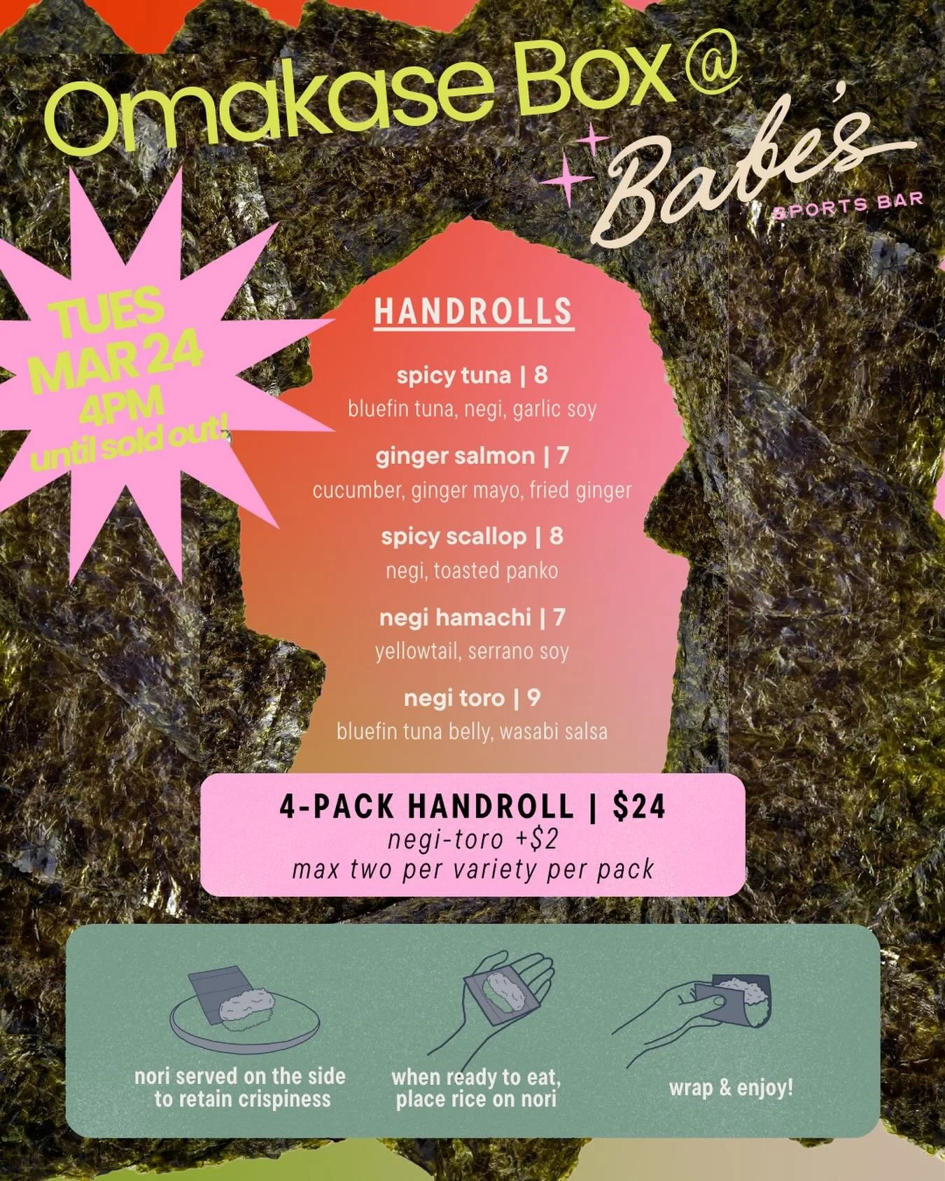 we&rsquo;re so excited to have our neighbors in for a hand roll pop up! @omakasebox.chicago will be in the bar on Tuesday the 24th with a delish hand roll menu AND four-pack special. we&rsquo;ll start rolling at 4PM and will go until we&rsquo;re sold