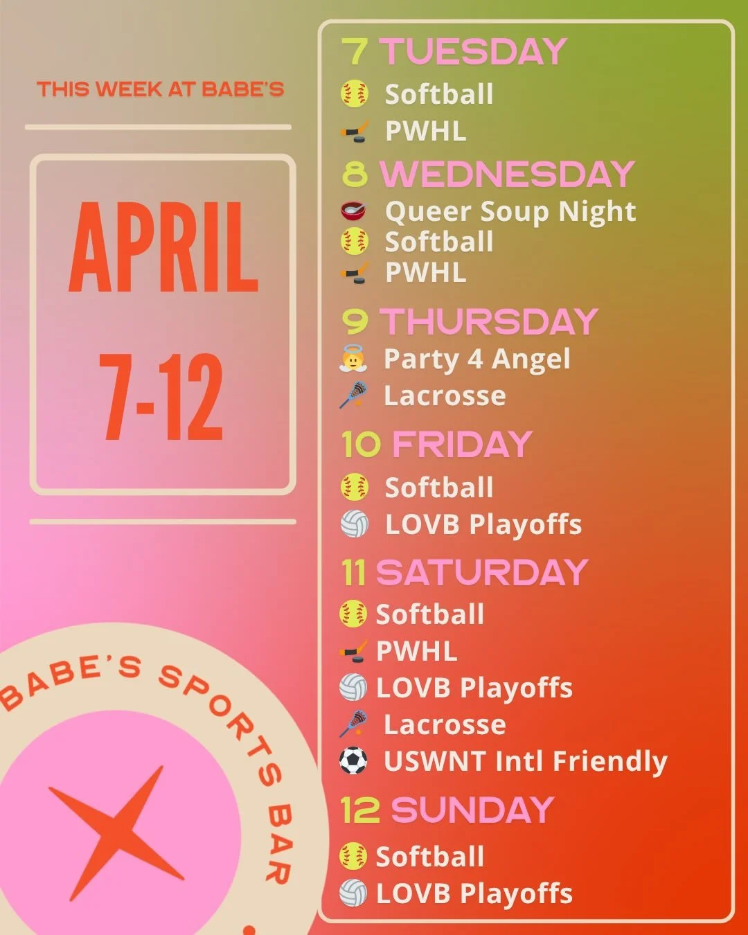 we made this schedule through our tears 😭 see you on Wednesday for @queersoupnight and Thursday for a going away party for @angel.reese - and all week for more women&rsquo;s sports (anyone else feeling a march madness hangover or is that just us 🫠)