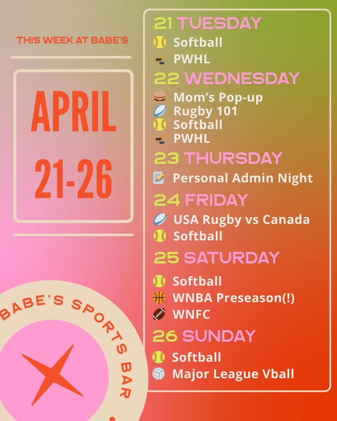 how else could we celebrate the return of the W season other than a REALLY FUN WEEK AT BABE&rsquo;S?!! on Weds we&rsquo;ll have @momschicago grilling burgers on the patio (you can get a sneak peek of the work that&rsquo;s been happening out there and