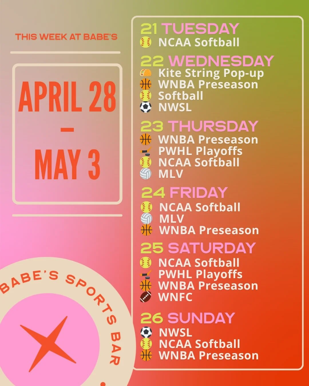 big women&rsquo;s sports week incoming! 🥎🏀🏒⚽️

our weekly newsletter saw this first - just like they&rsquo;ll also get the invite to our patio opening party first! she&rsquo;s in the final stages of transformation - make sure you&rsquo;re subscrib