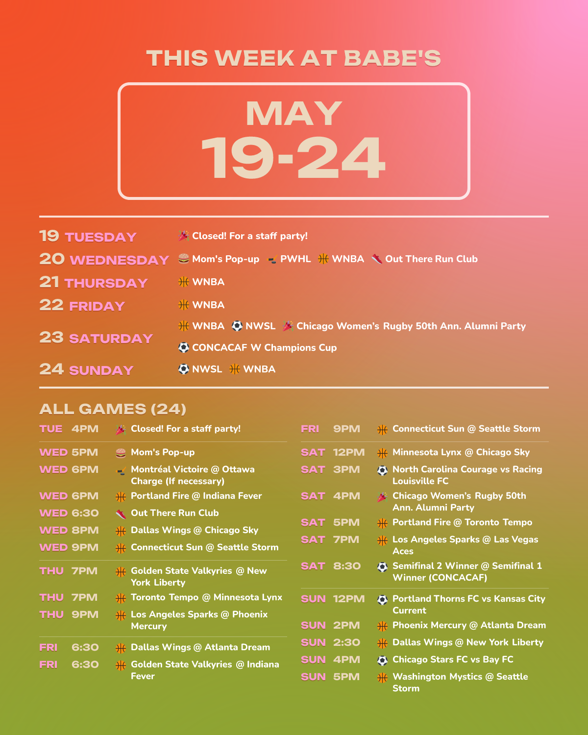 This Week at Babe’s: May 19-24