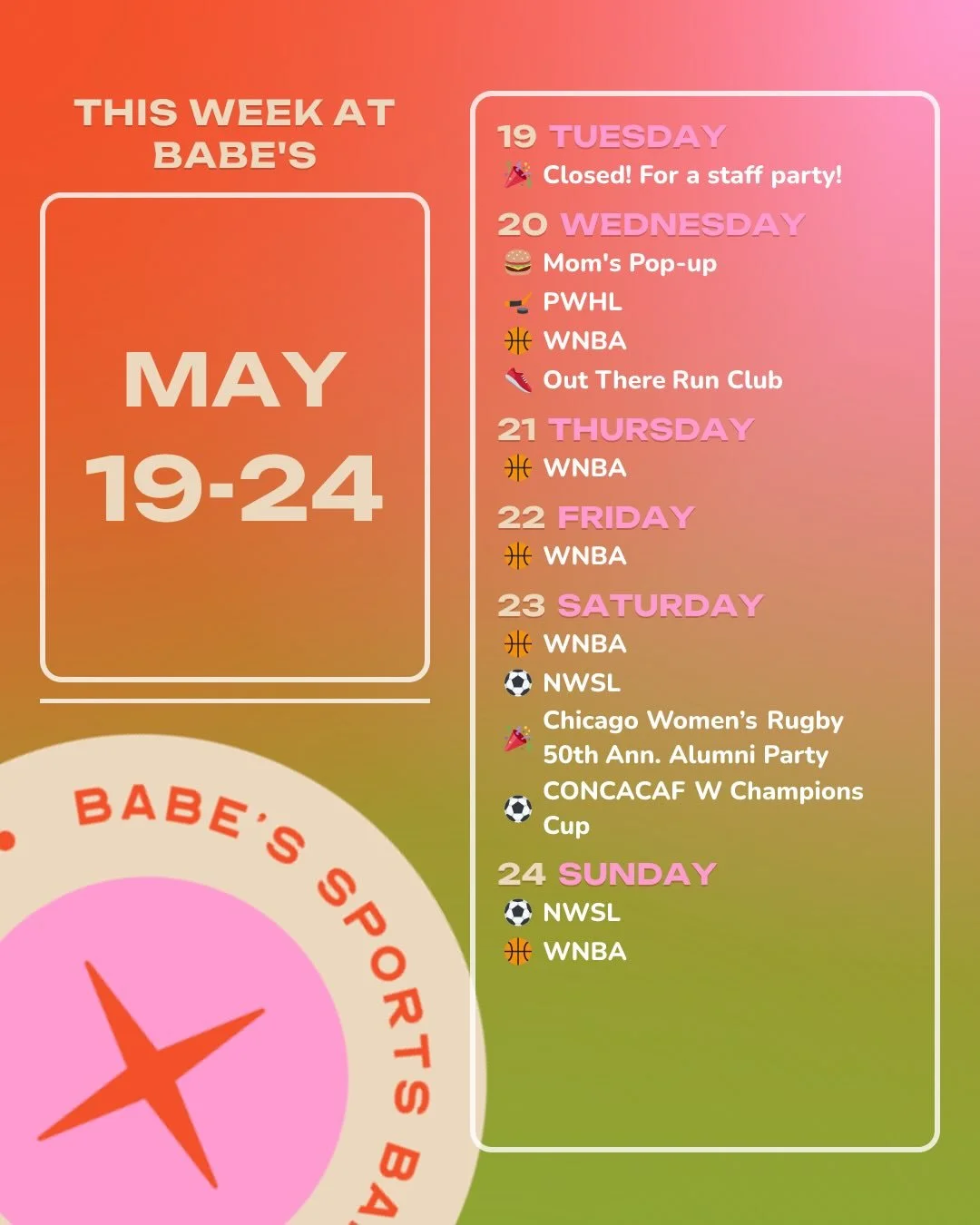 A shorter week, but no shortage of sports! We&rsquo;ll have @WNBA every day we&rsquo;re open, @concacafw action, and plenty to do in between.

@momschicago will be joining us for another pop up Wednesday, come enjoy a burger on the patio from 5-sold 