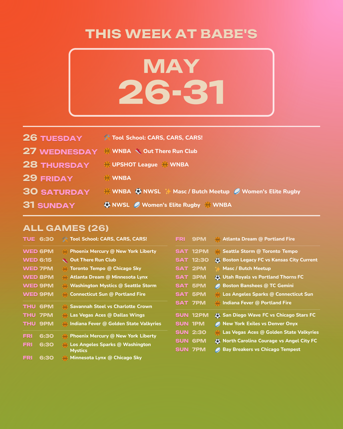 This Week at Babe’s: May 26-31