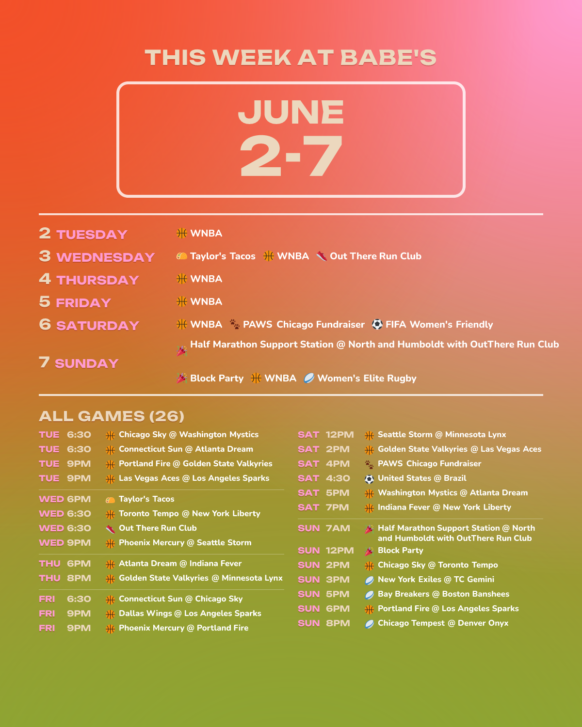 This Week at Babe’s: June 2-6