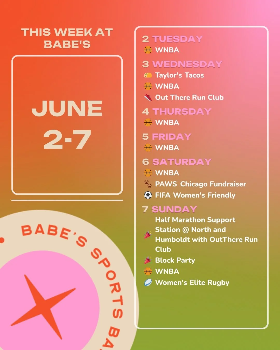 WNBA every day, UWNT/fundraiser for @pawschicago, @wer_tempest rugby Sunday, and a bunch of fun events on the cal this week! PLUS @taylorstacoschicago on Wednesday!

We&rsquo;re helping Kaitlin and Madi, friends of Babe&rsquo;s, fundraise for the Chi
