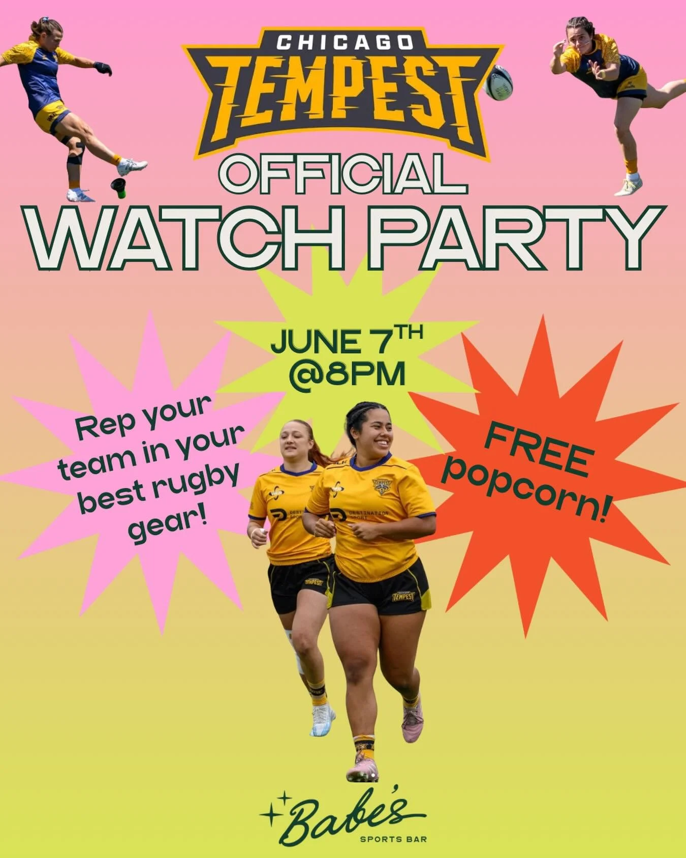 The best place to watch @wer_tempest away games is OFFICIALLY at Babe&rsquo;s! 🏉
Put on your best rugby gear and join us Sunday at 8PM as we cheer on Chicago&rsquo;s finest against the Denver Onyx 💥
We&rsquo;ll have popcorn and good vibes and SOUND