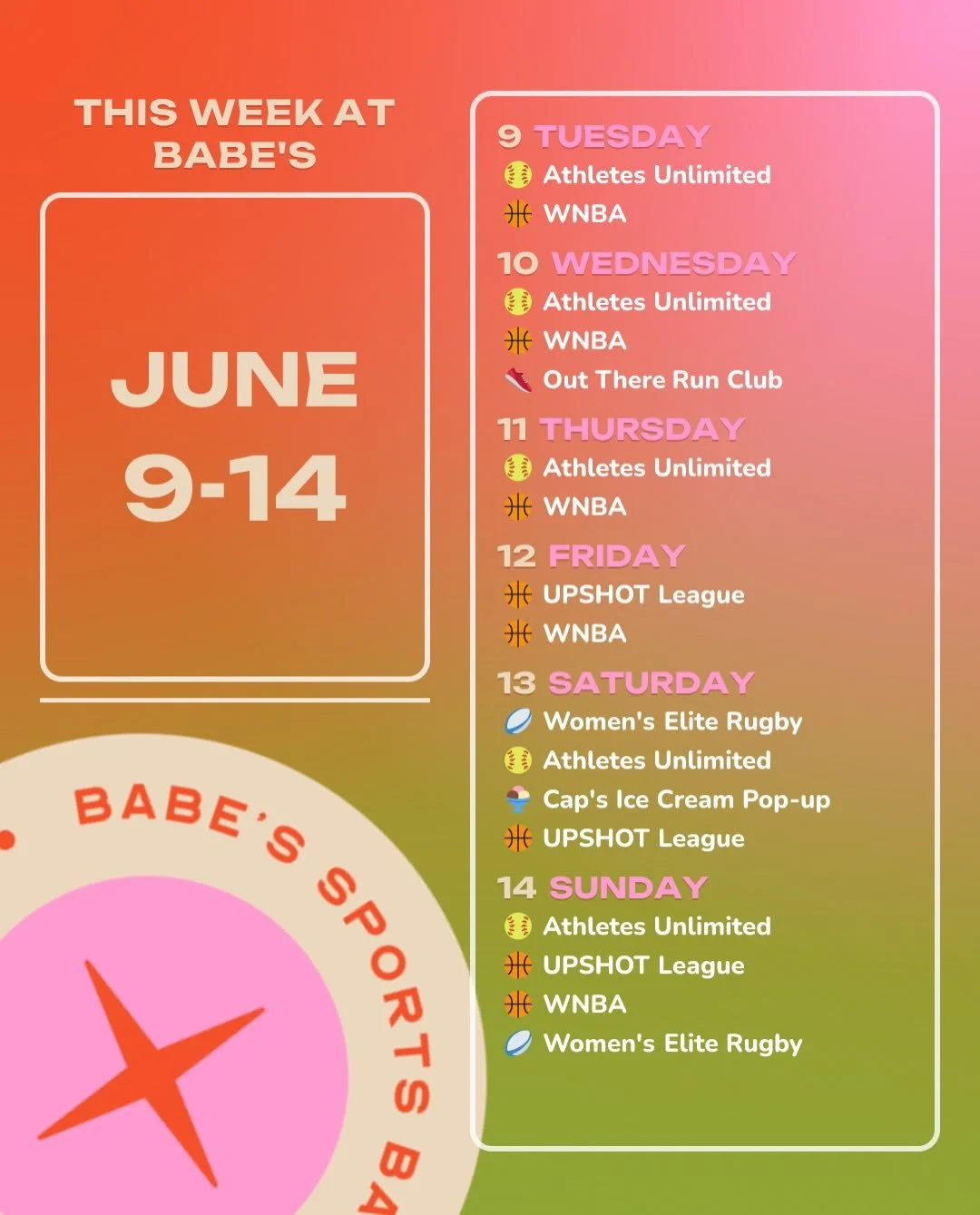Plenty of sports and special events on the Babe&rsquo;s calendar this week! 
🛠️🧩Join us on Tuesday for Tool School and get some hands on experience with tiling (check @toolschoolco for more info).
🏀🥎🏉 We&rsquo;ve got WNBA every day, plus extra b