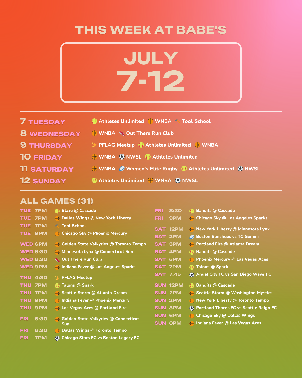 This Week at Babe’s: July 7-12