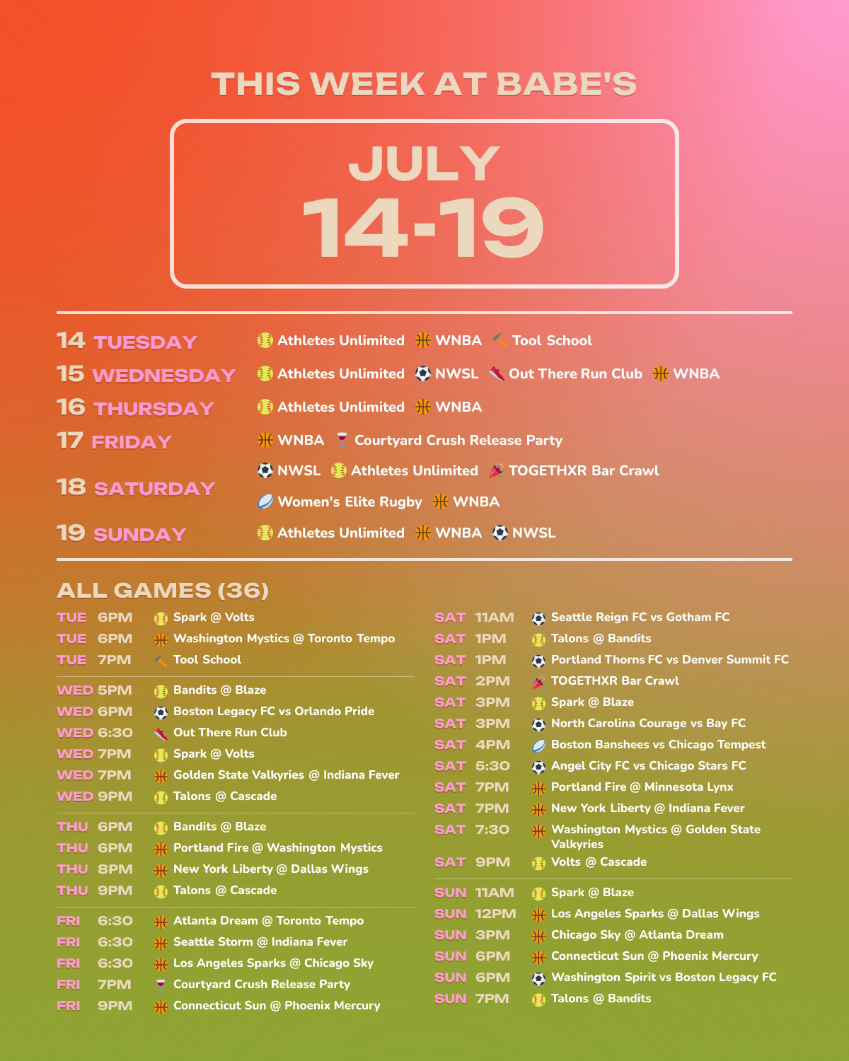 This Week at Babe’s: July 14-19