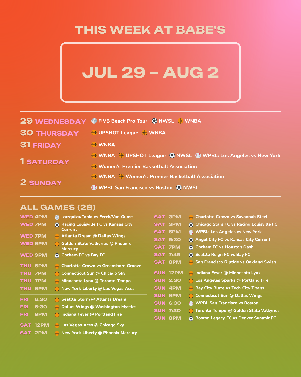 This Week at Babe’s: July 28-August 2