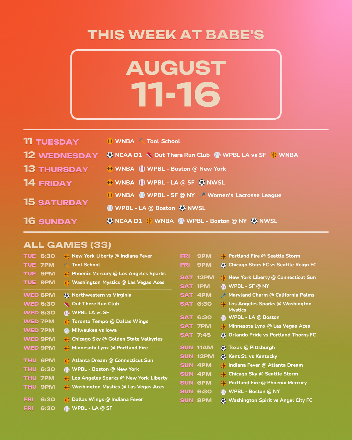 This Week at Babe’s: August 11-16