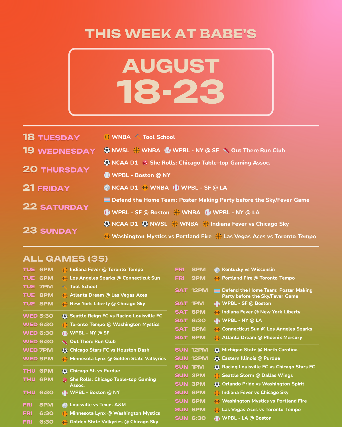 This Week at Babe’s: August 18-23