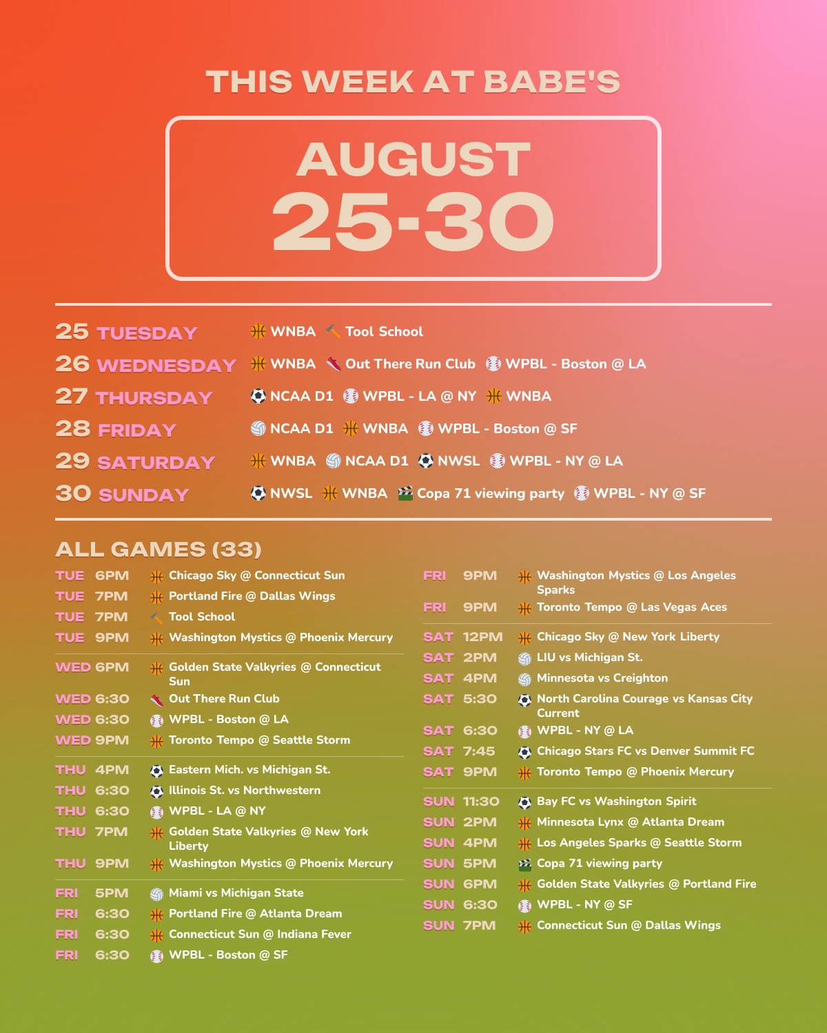 This Week at Babe’s: September 1-6