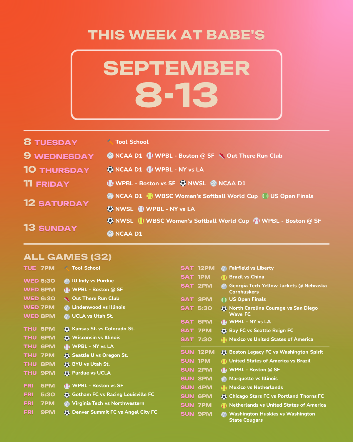 This Week at Babe’s: September 8-13