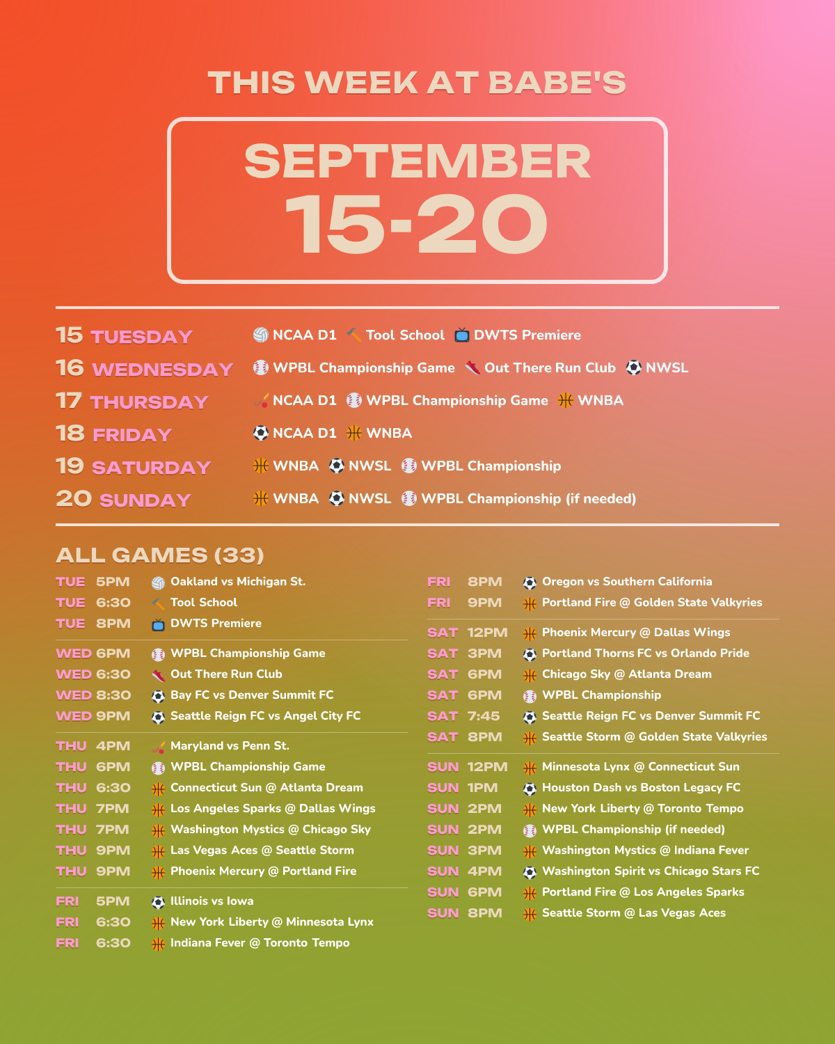 This Week at Babe’s: September 15-20