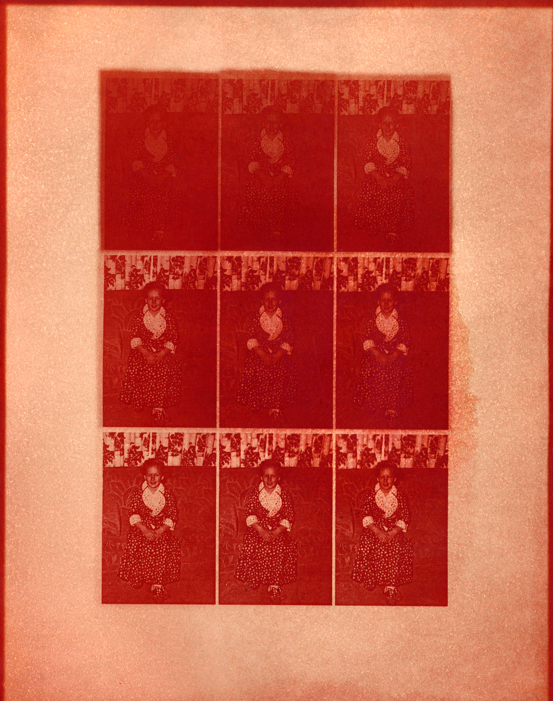 Developed turmeric anthotype test sheet after submersion in baking soda solution; 15 min-4 hrs under 300 watt UV exposure unit; see time sheet for exact time