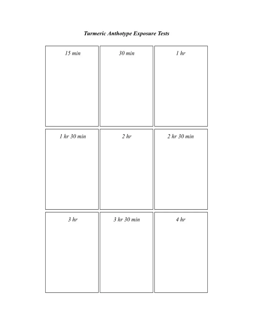 Turmeric anthotype time sheet: 15 min-4 hr