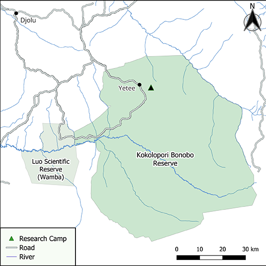 Kokolopori Bonobo Reserve map showing research camp