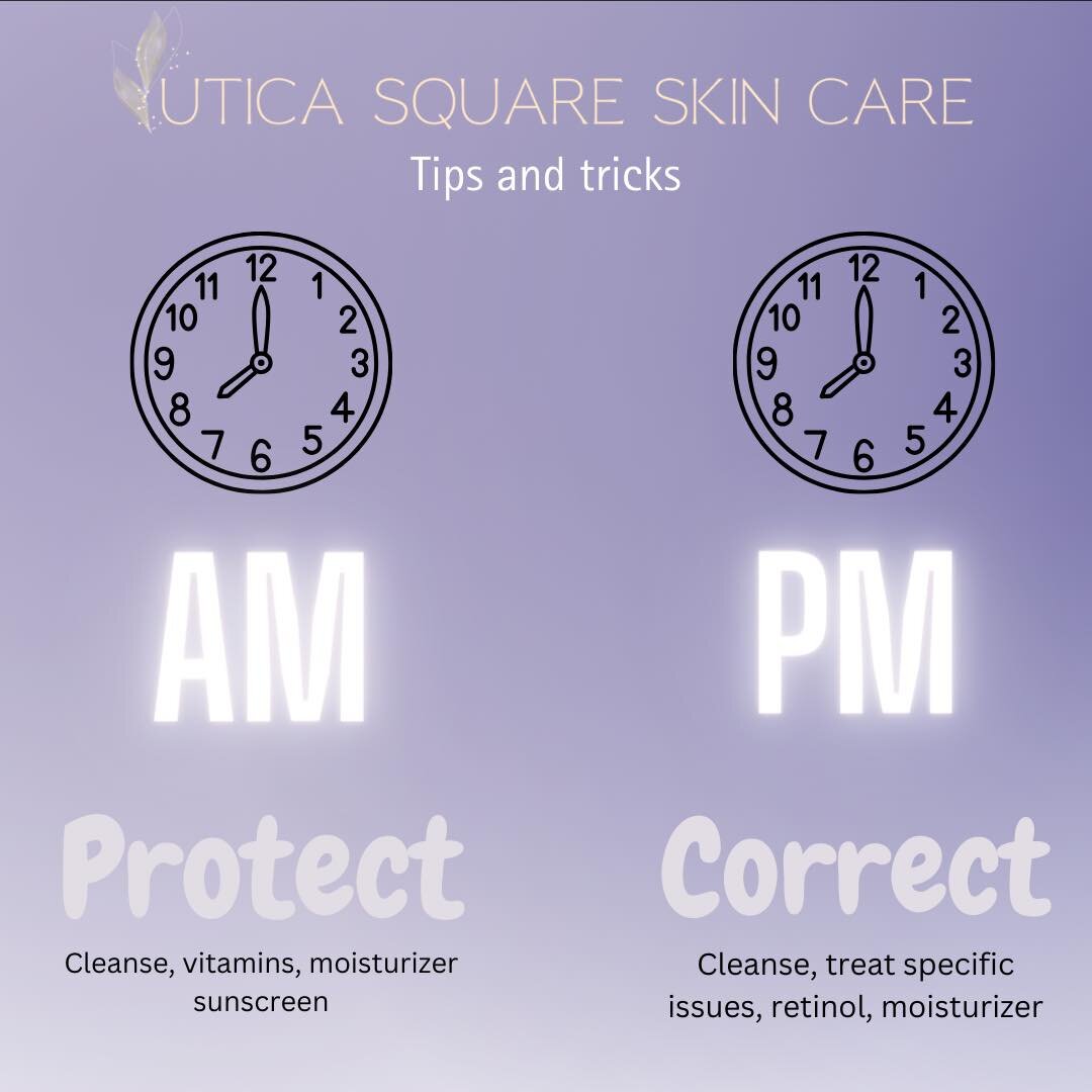 ✨tips and tricks✨

When thinking about skincare, break it into AM and PM routine. 
AM: you PROTECT your skin from the days activities 
PM: you CORRECT your skin issues while sleeping 

AM: how do I protect? 
✔️cleanse and remove any dirt and dead ski