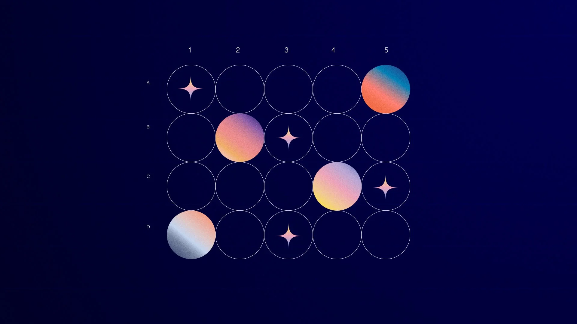 Illustration of a 4x5 grid with circles, some filled with gradients or stars, on a dark blue background.