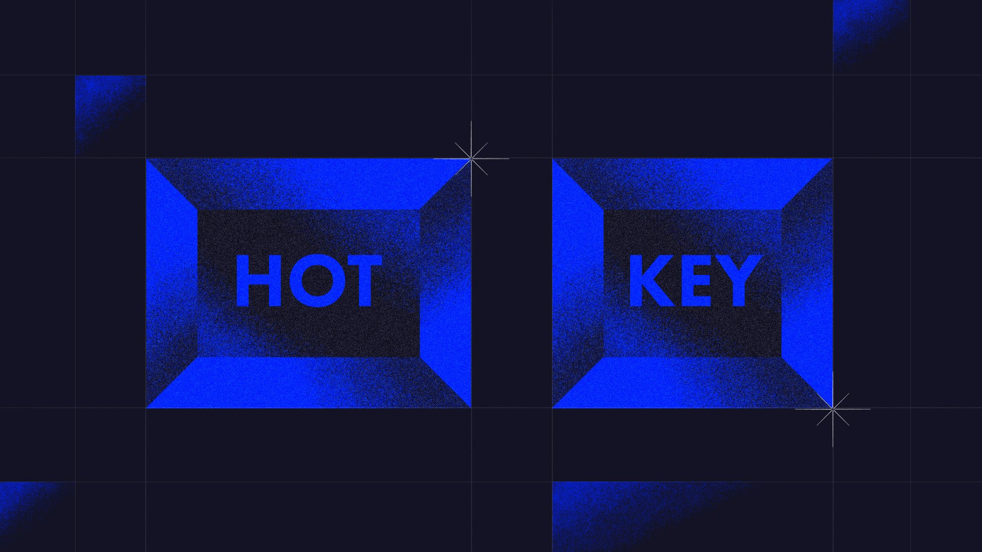 Text 'HOT KEY' in blue geometric shapes on black background.
