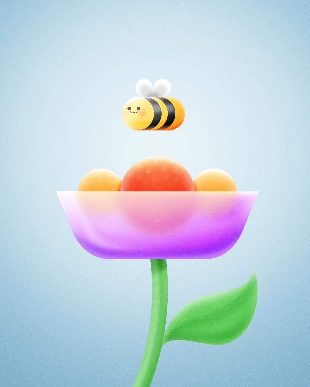 Cute cartoon bee hovering above a colorful flower with a green stem and leaf.