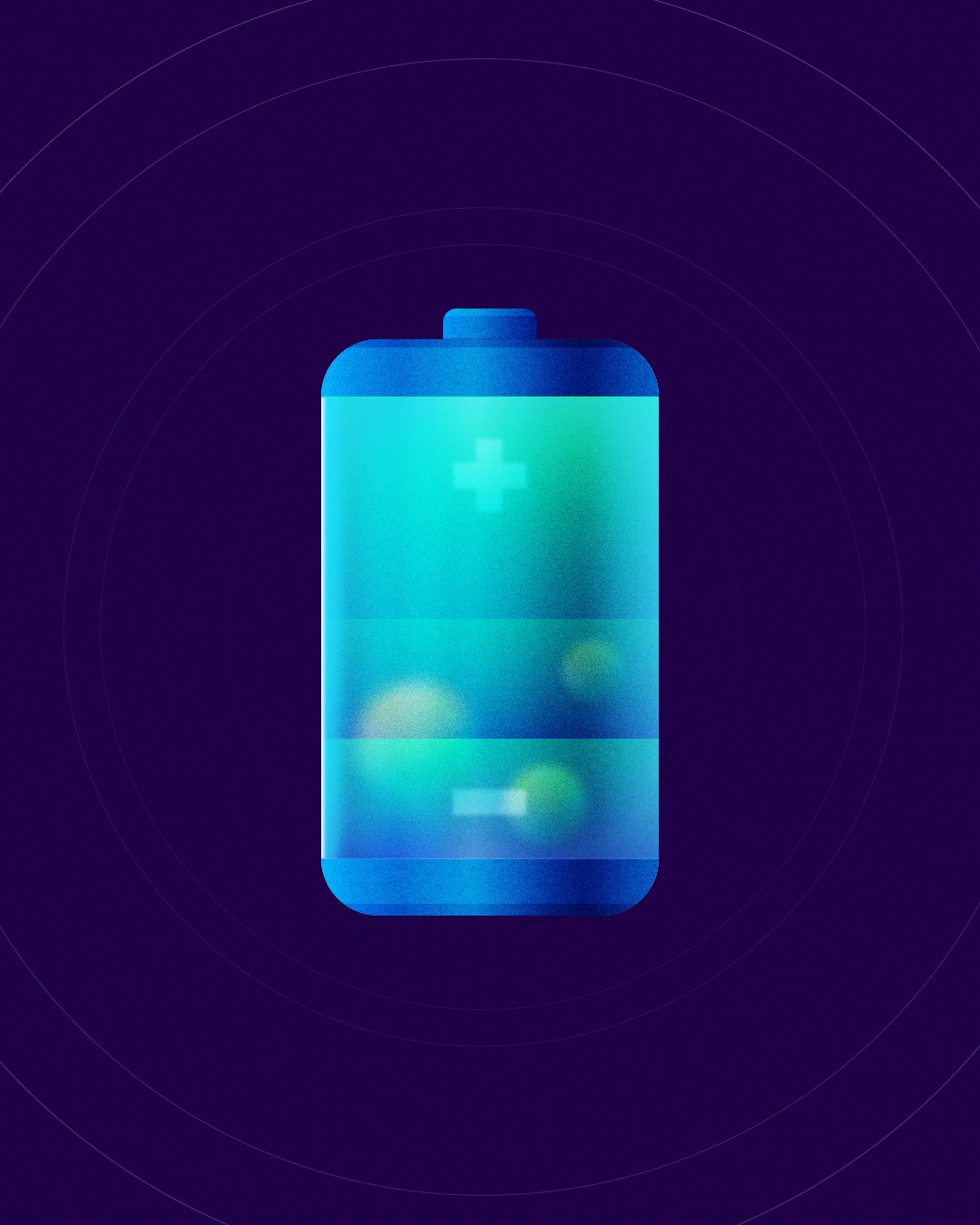 Illustration of a blue gradient battery icon on a dark background, with a plus and minus symbol.