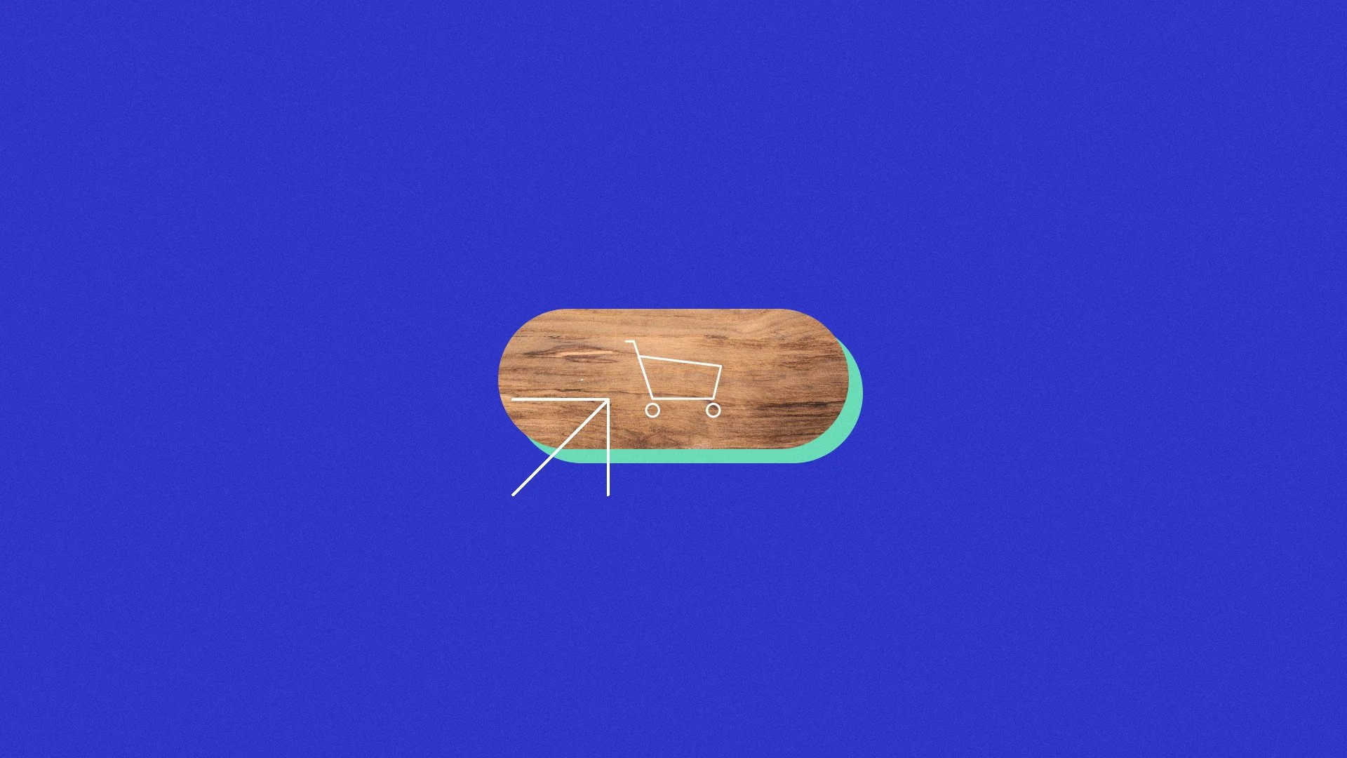A stylized shopping cart icon on a wooden textured button with a blue background.