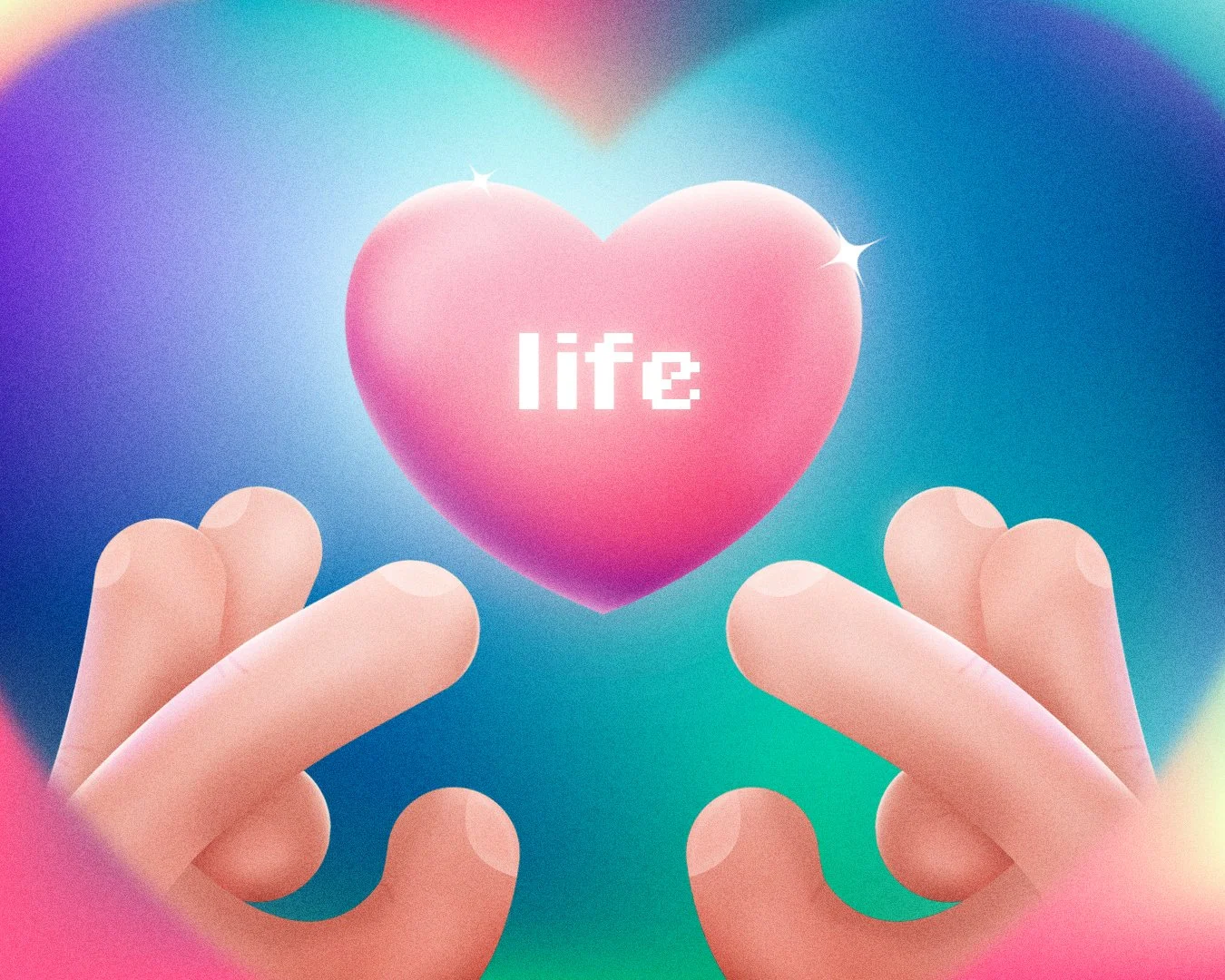 Illustration of two hands reaching towards a pink heart with the word 'life' on it, against a colorful gradient background.