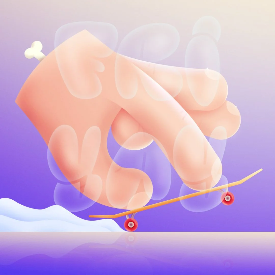 Abstract illustration of a giant finger with bones, resembling a hand, riding a skateboard on a purple background.
