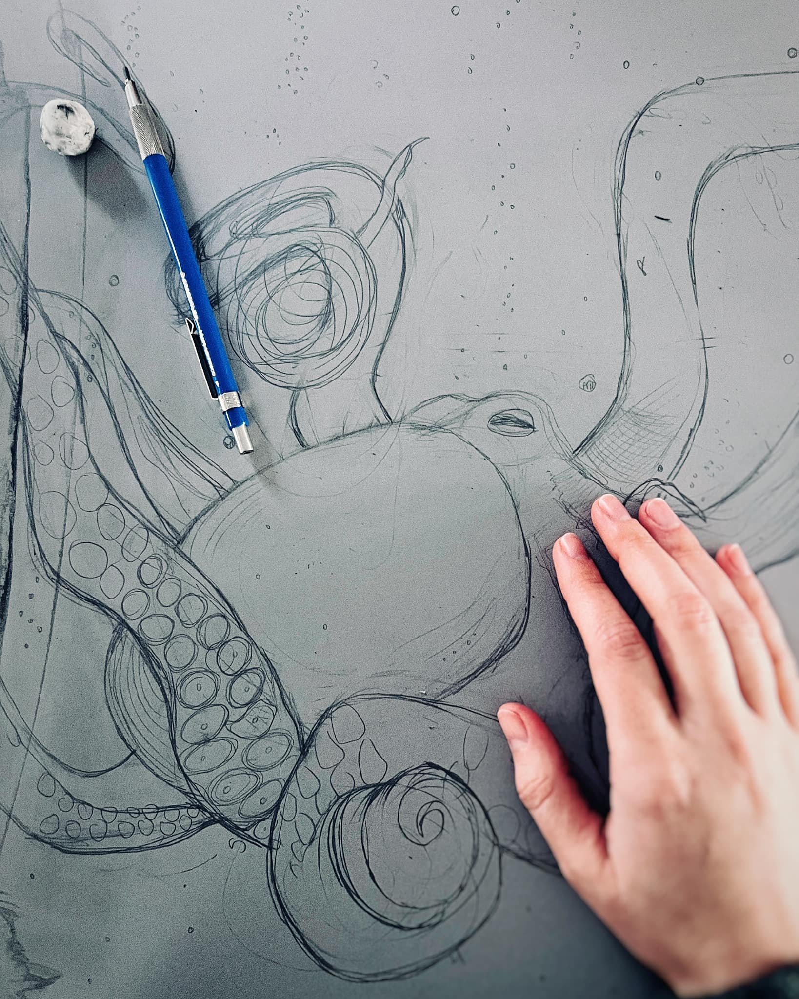 pencil sketch on linocut block