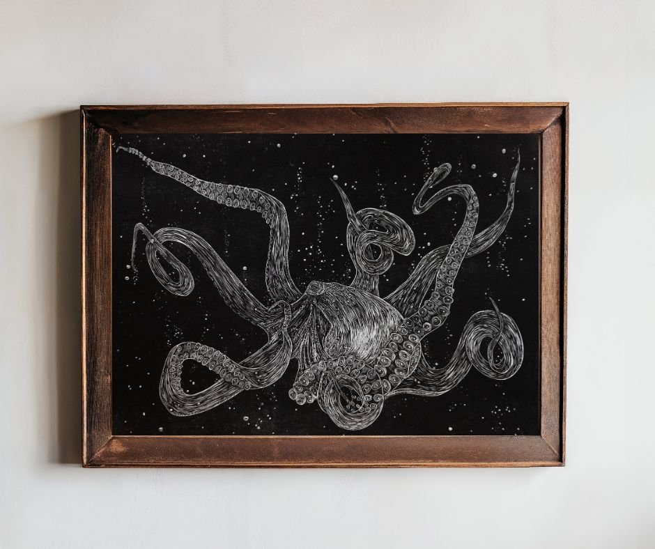 framed Atlantic octopus in walnut frame